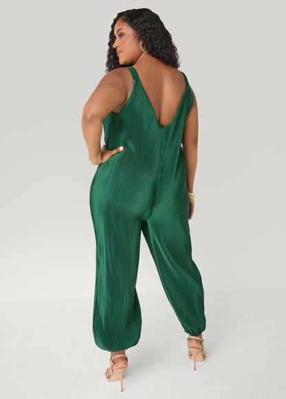 Ashley Stewart Plisse Satin Balloon Leg Jumpsuit Caramel Cafe