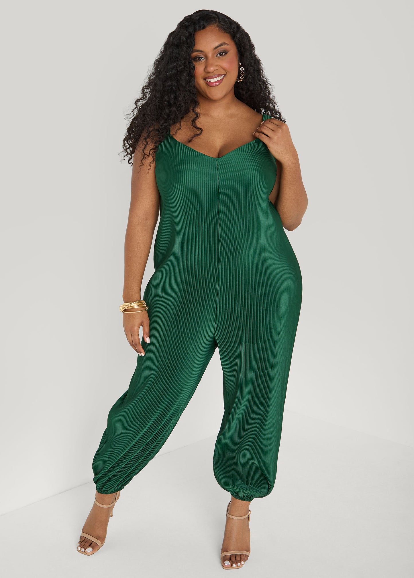 Ashley Stewart Plisse Satin Balloon Leg Jumpsuit Caramel Cafe