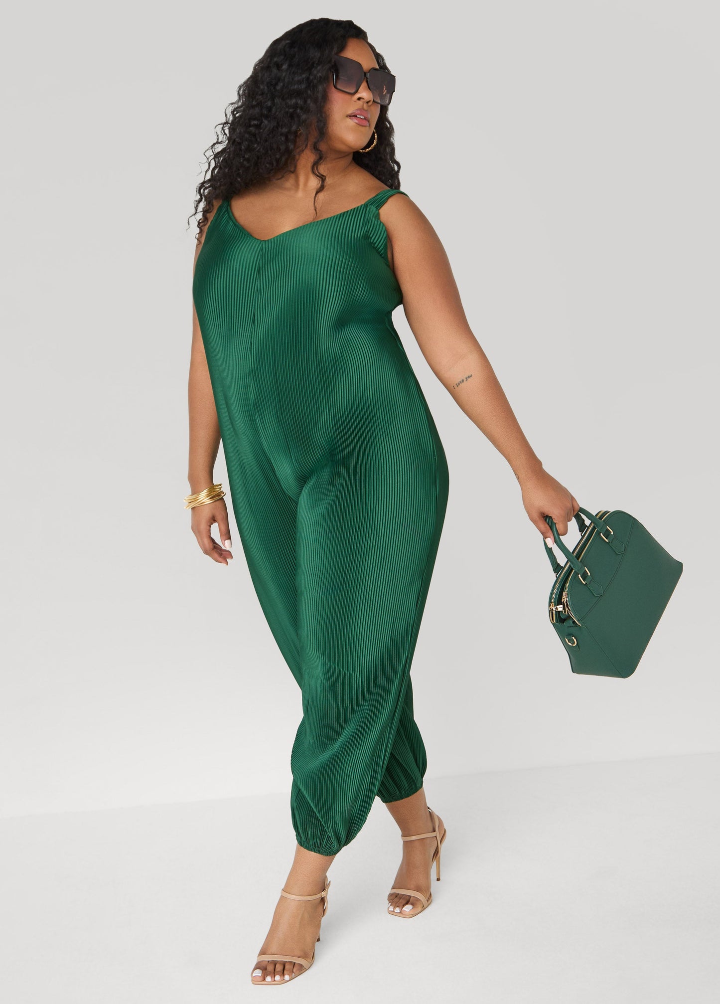 Ashley Stewart Plisse Satin Balloon Leg Jumpsuit Caramel Cafe