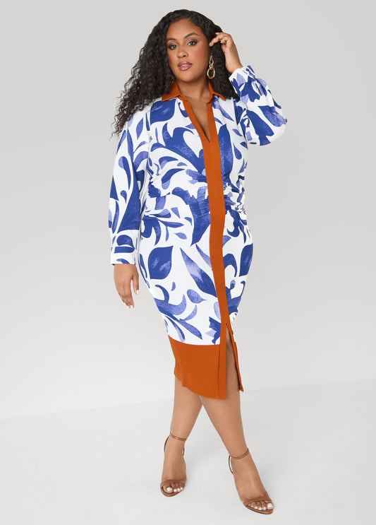 Ashley Stewart Tall Ruched Leaf Print Bodycon Dress Sodalite