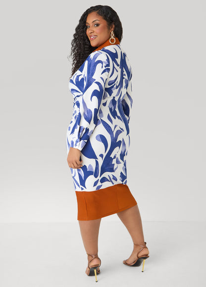 Ashley Stewart Tall Ruched Leaf Print Bodycon Dress Sodalite