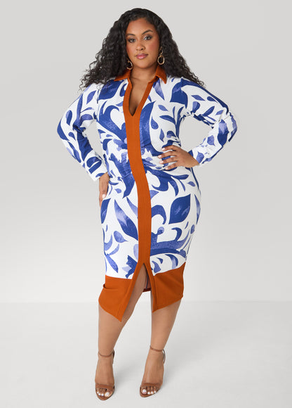 Ashley Stewart Tall Ruched Leaf Print Bodycon Dress Sodalite