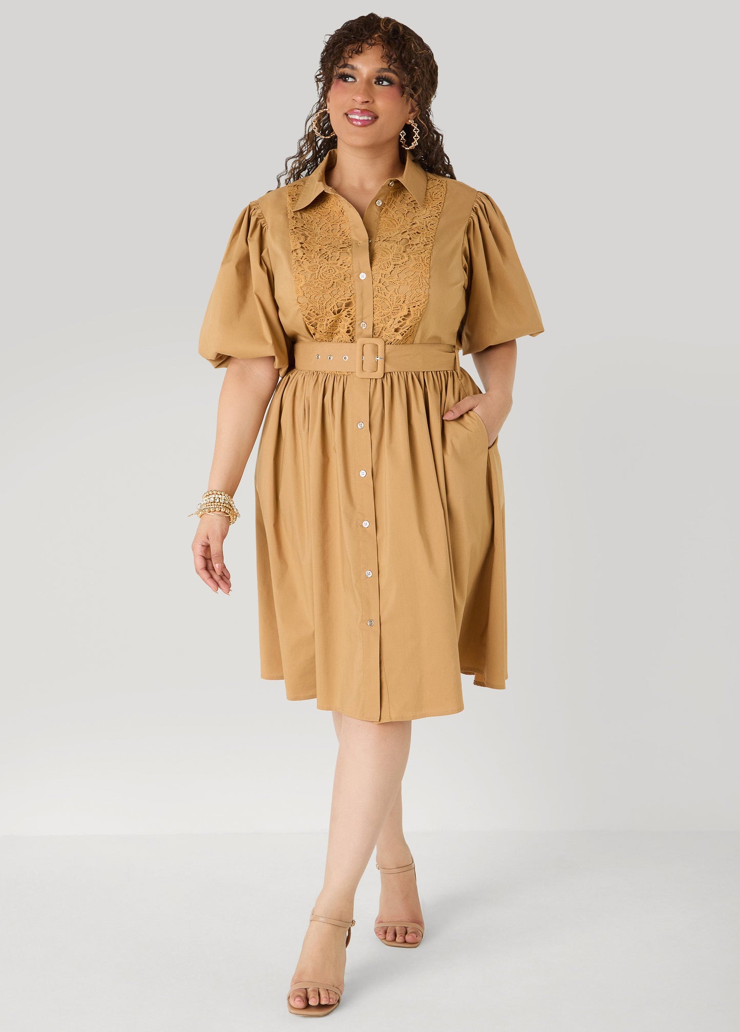 Ashley Stewart Crochet Panel A Line Shirtdress Iced Coffee