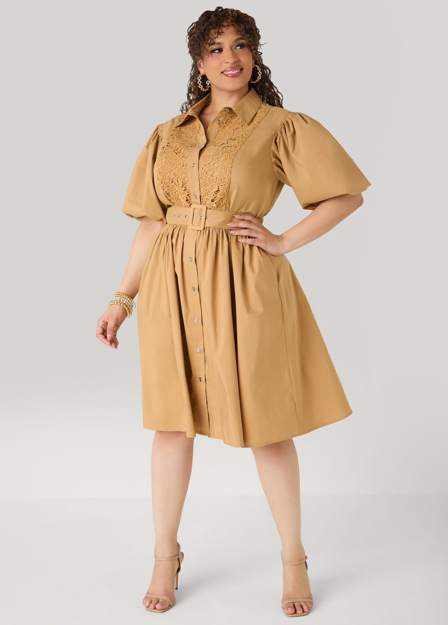 Ashley Stewart Crochet Panel A Line Shirtdress Iced Coffee