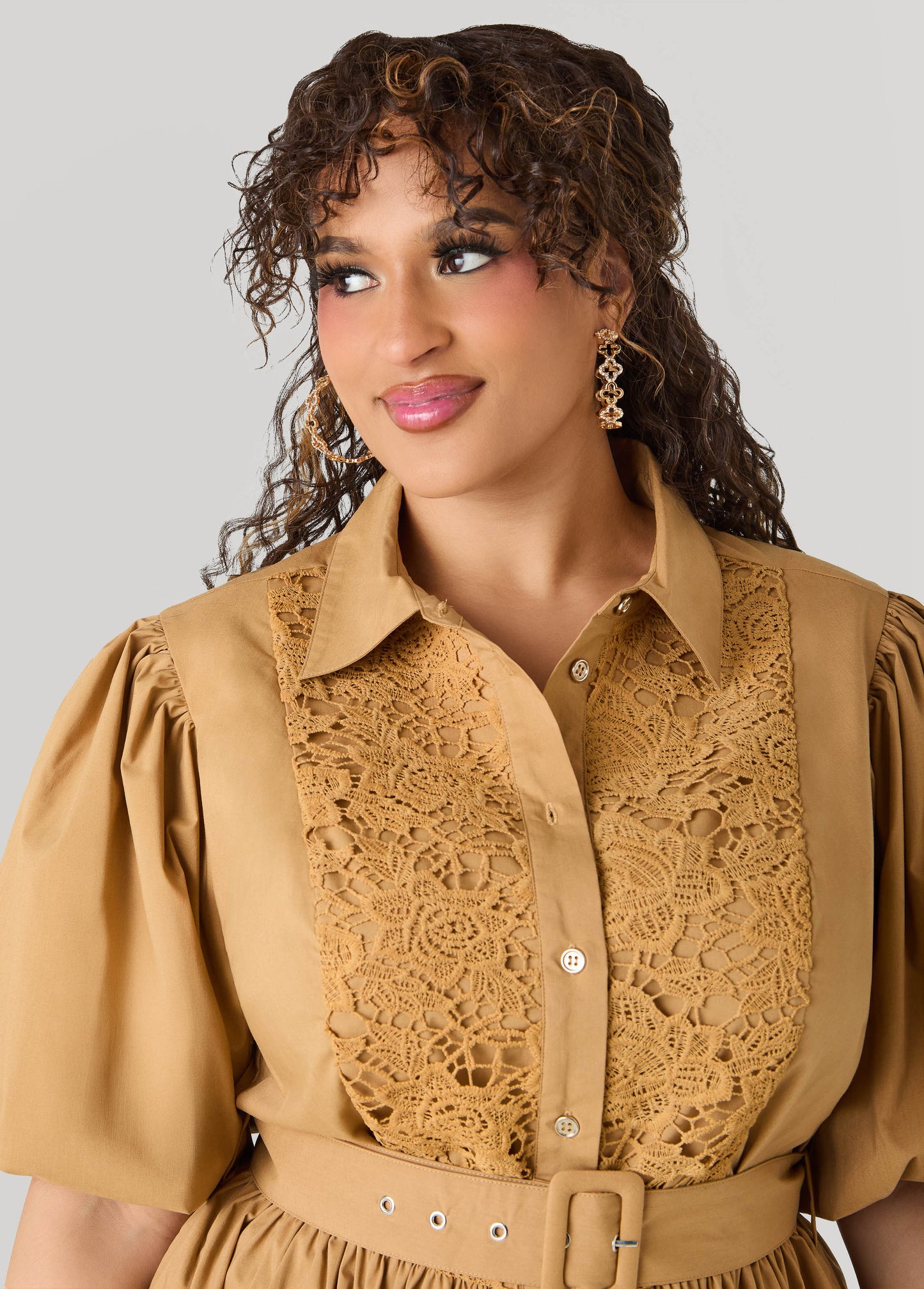 Ashley Stewart Crochet Panel A Line Shirtdress Iced Coffee