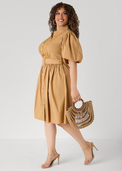 Ashley Stewart Crochet Panel A Line Shirtdress Iced Coffee