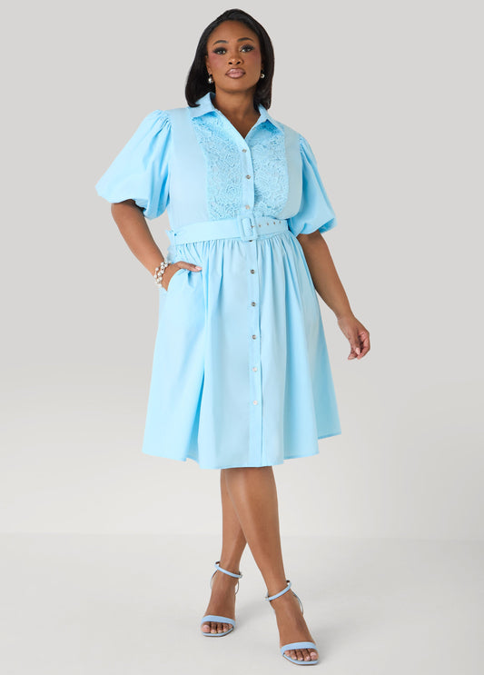 Ashley Stewart Crochet Paneled A Line Shirtdress POWDER BLUE