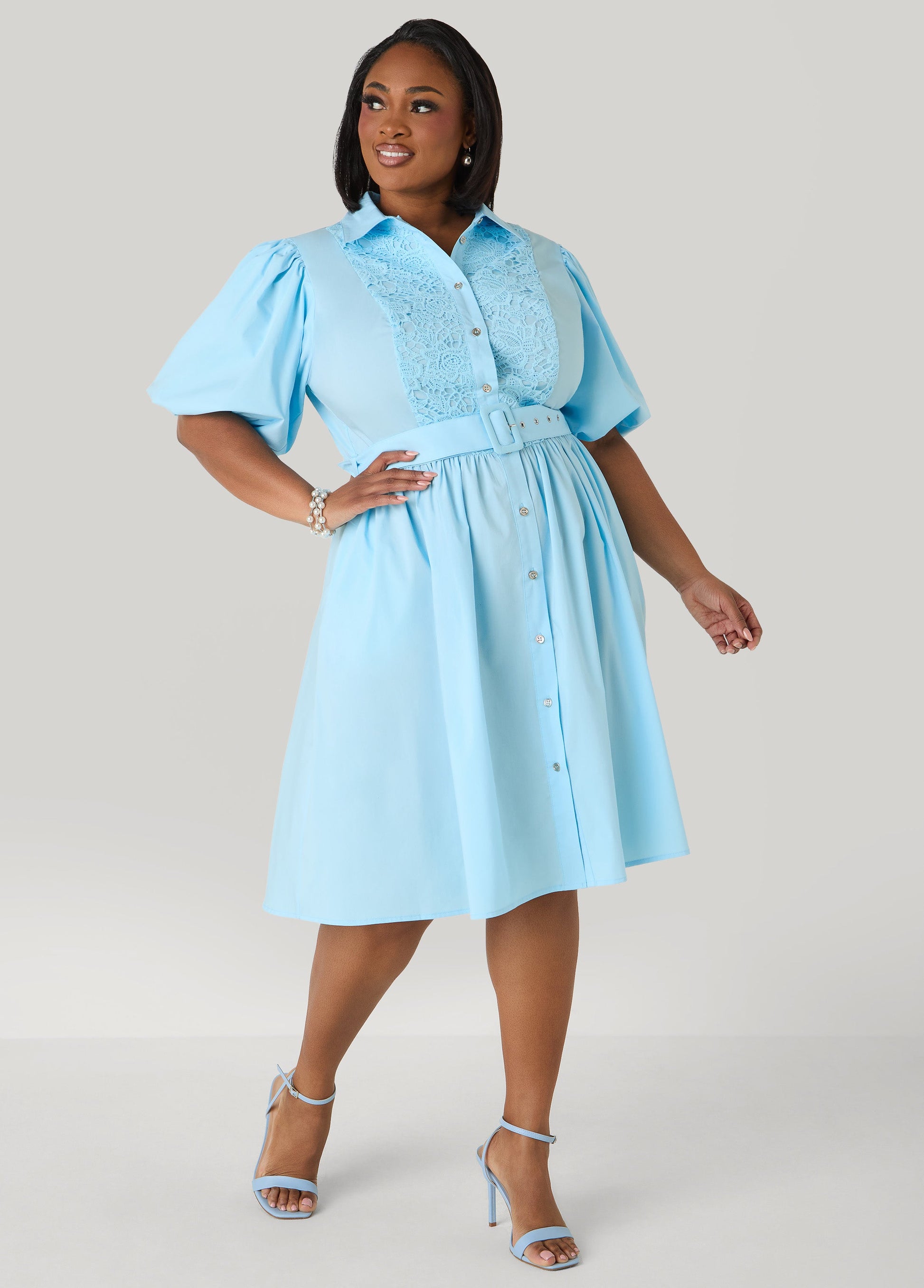 Ashley Stewart Crochet Paneled A Line Shirtdress POWDER BLUE