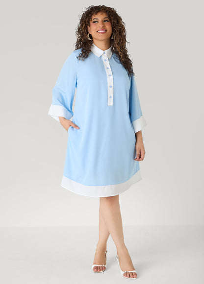 Ashley Stewart Two Tone Swing Shirtdress POWDER BLUE