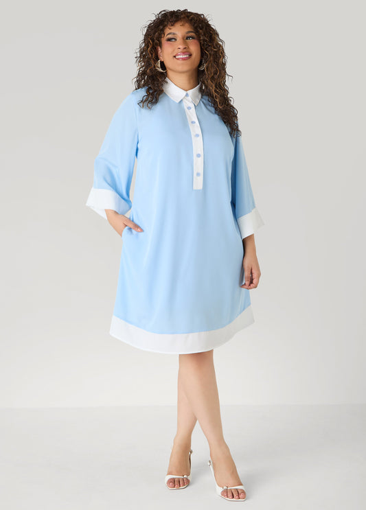 Ashley Stewart Two Tone Swing Shirtdress POWDER BLUE