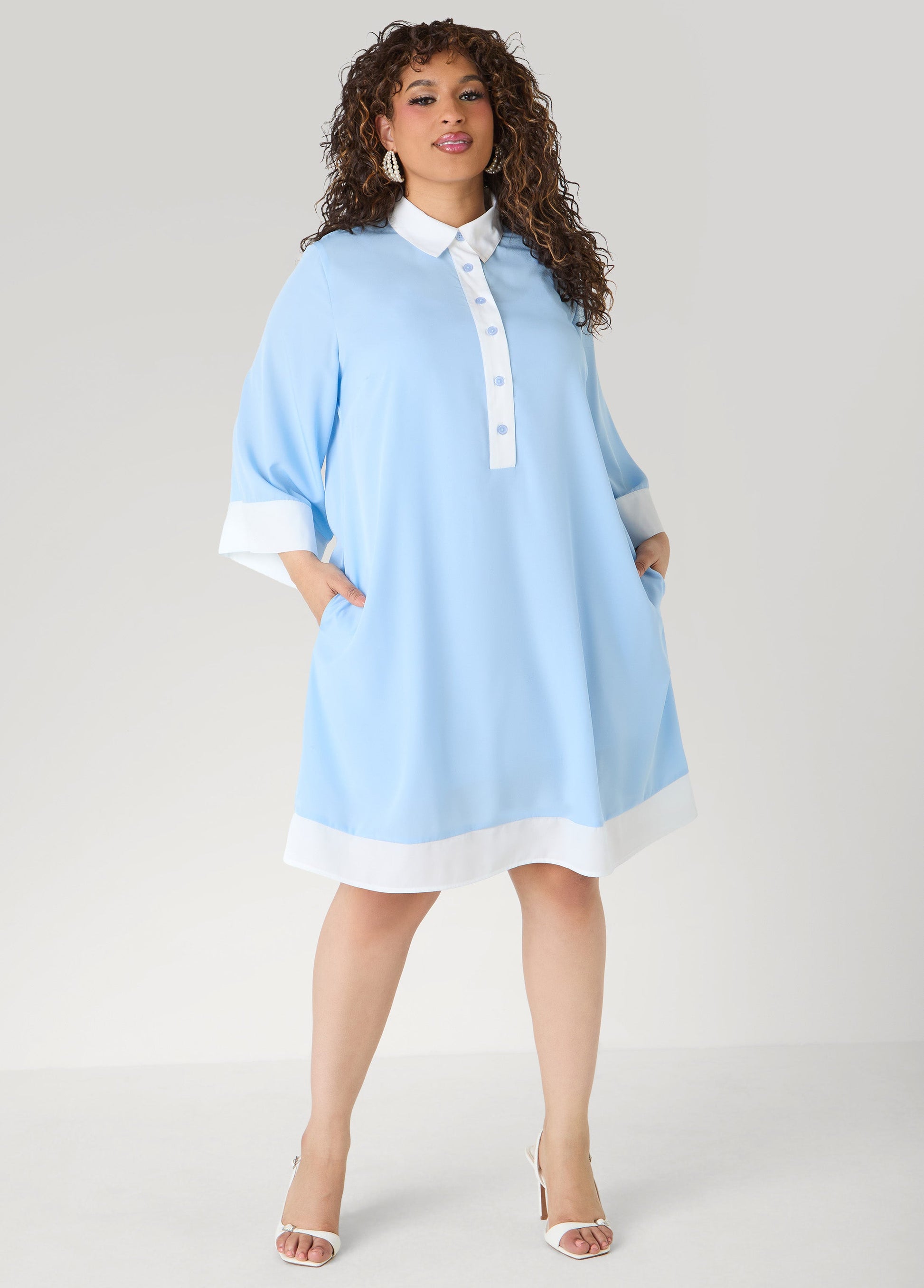 Ashley Stewart Two Tone Swing Shirtdress POWDER BLUE