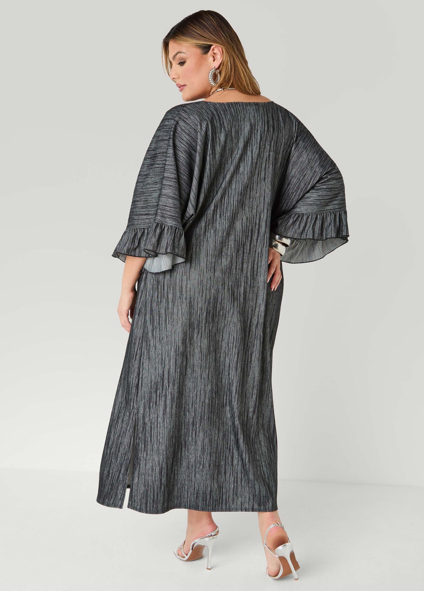 Ashley Stewart Ruffled Textured Denim Duster Denim Blue