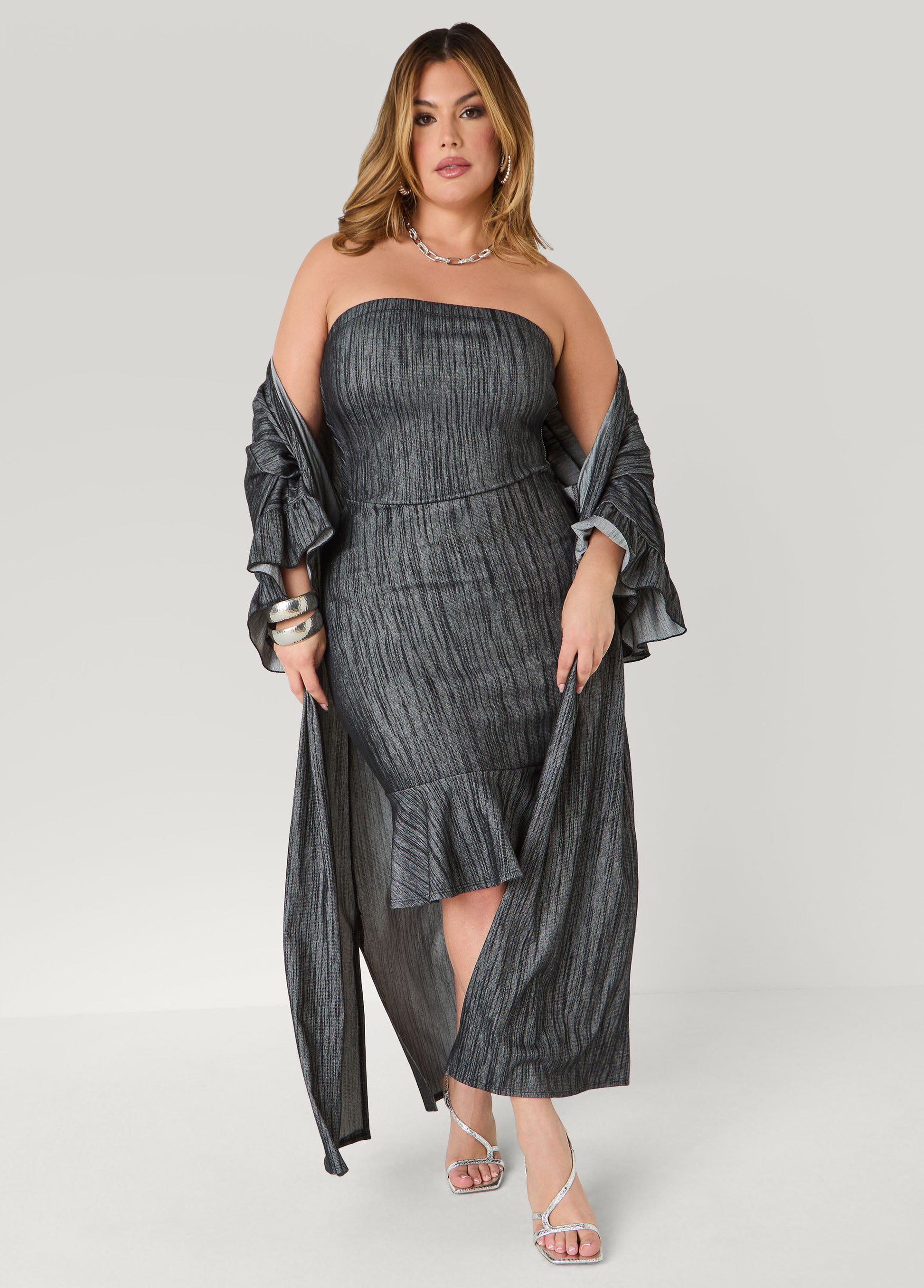 Ashley Stewart Ruffled Textured Denim Duster Denim Blue
