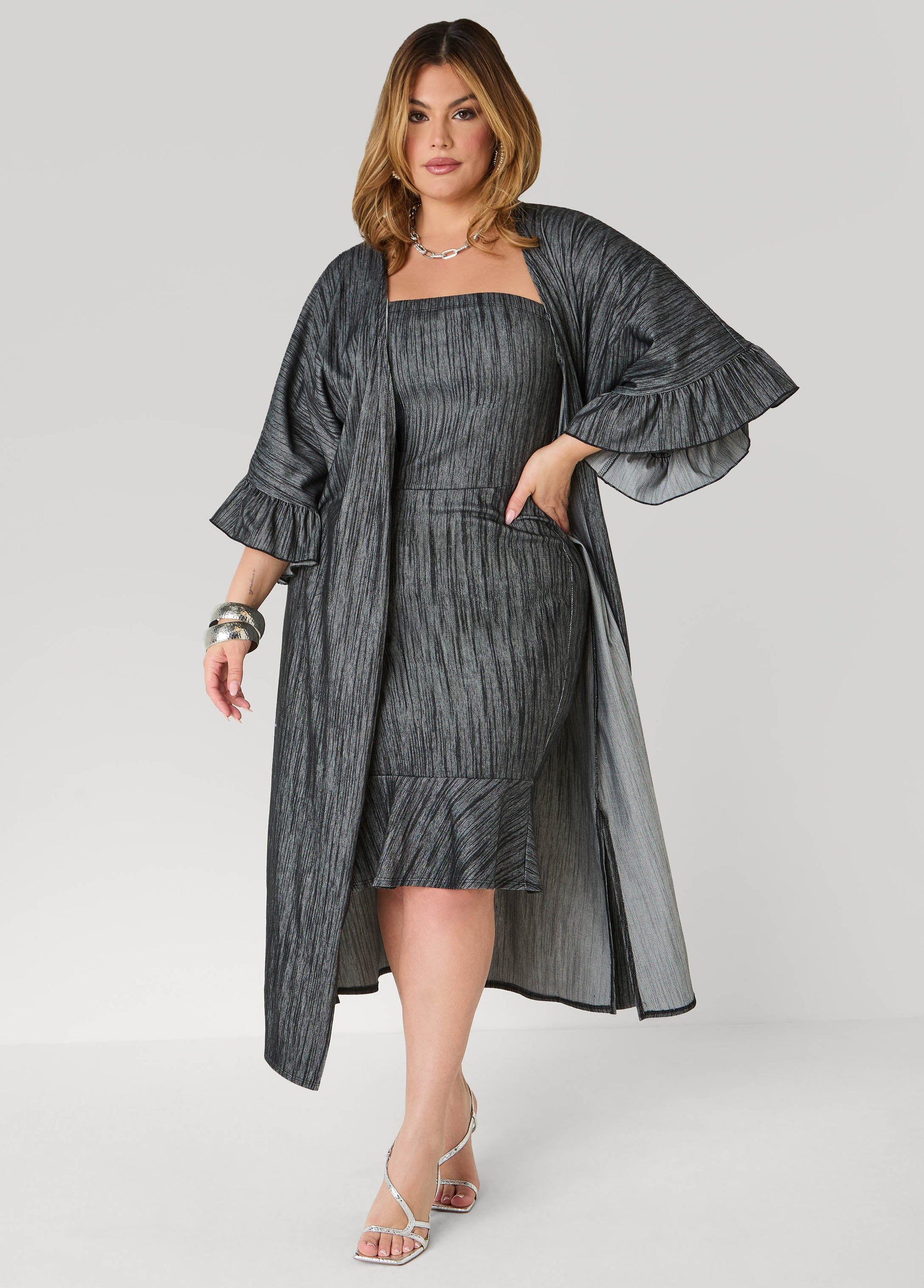 Ashley Stewart Ruffled Textured Denim Duster Denim Blue