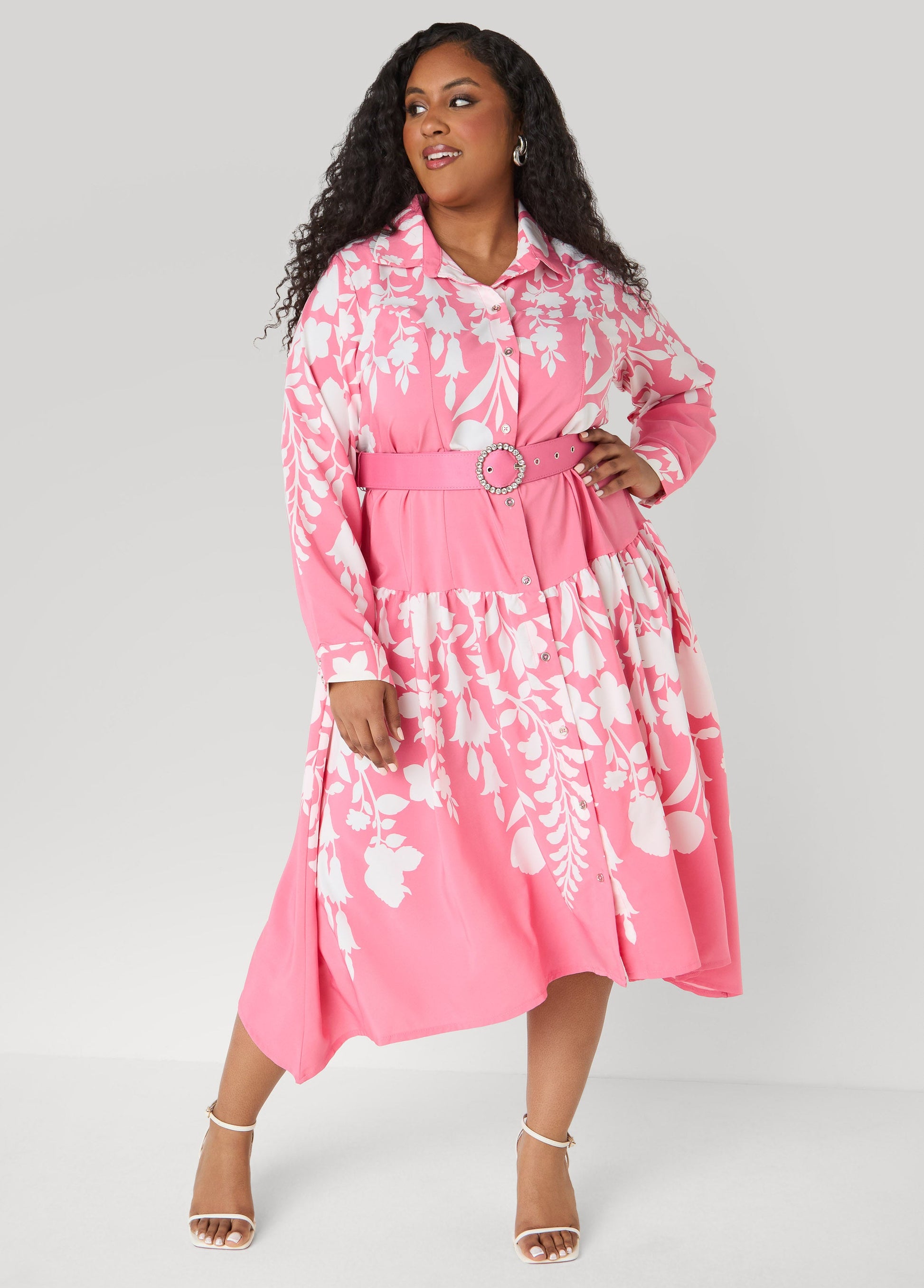 Ashley Stewart Belted Floral Midaxi Shirtdress Confetti