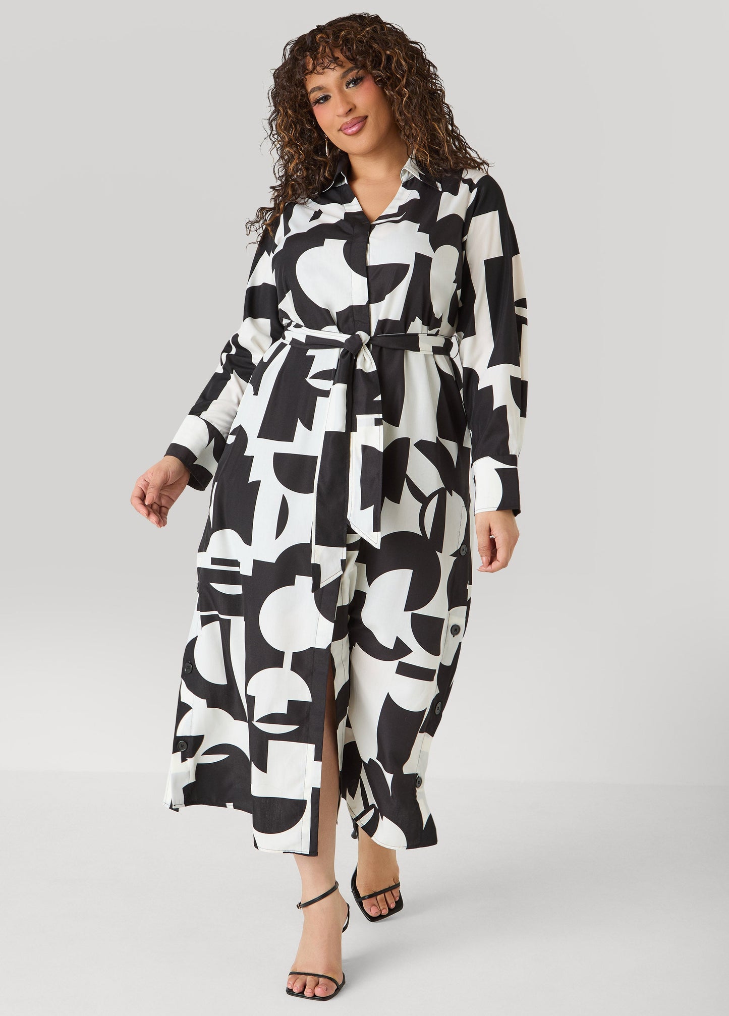 Ashley Stewart Button Detail Geo Maxi Shirtdress Black White
