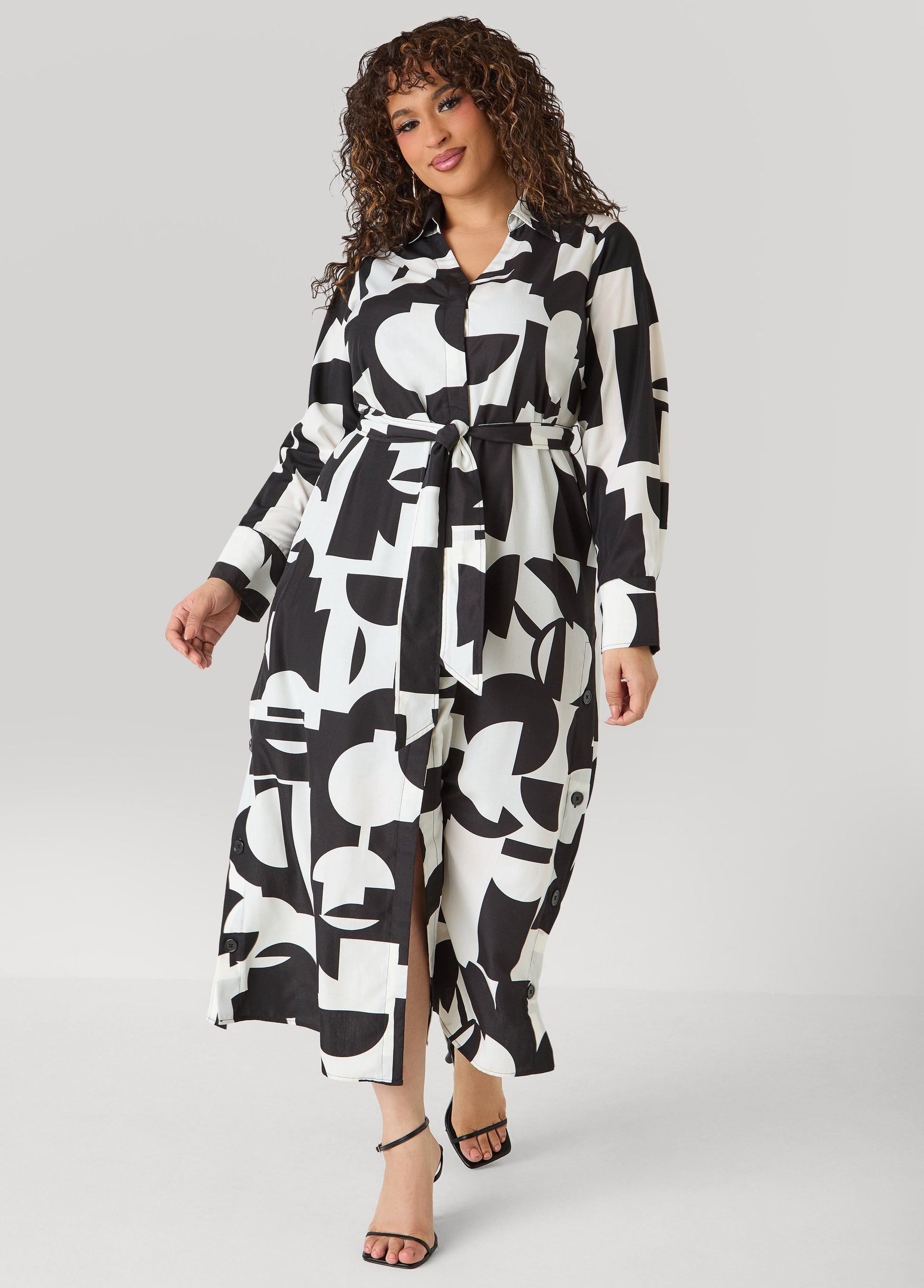 Ashley Stewart Button Detail Geo Maxi Shirtdress Black White
