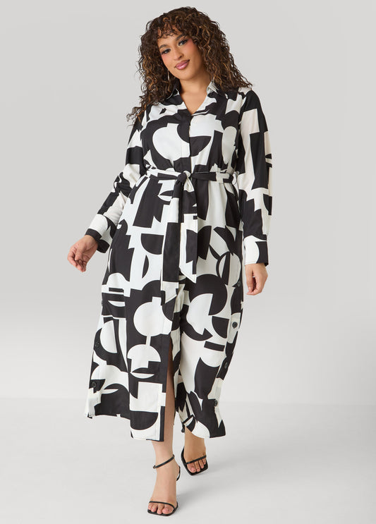 Ashley Stewart Button Detail Geo Maxi Shirtdress Black White