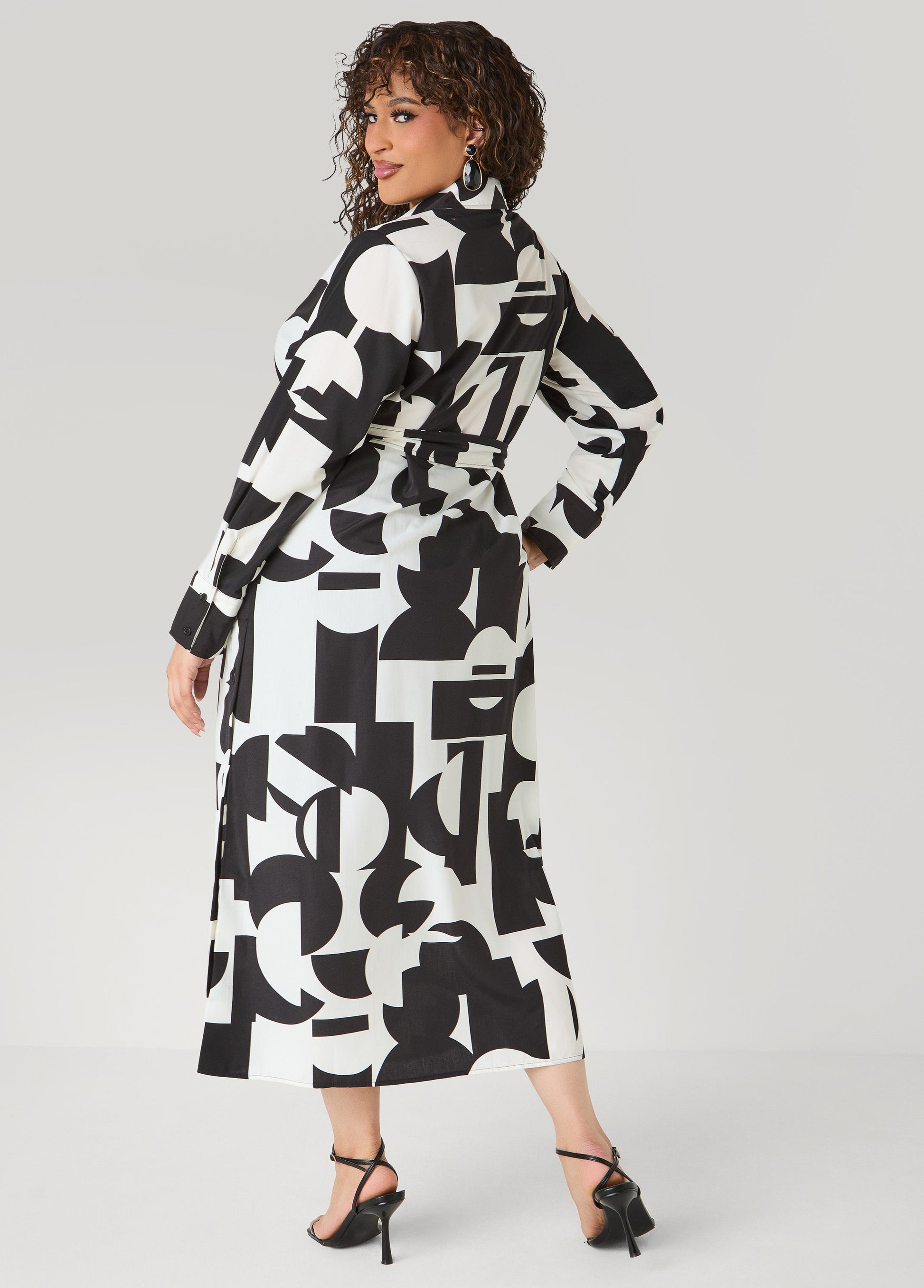 Ashley Stewart Button Detail Geo Maxi Shirtdress Black White