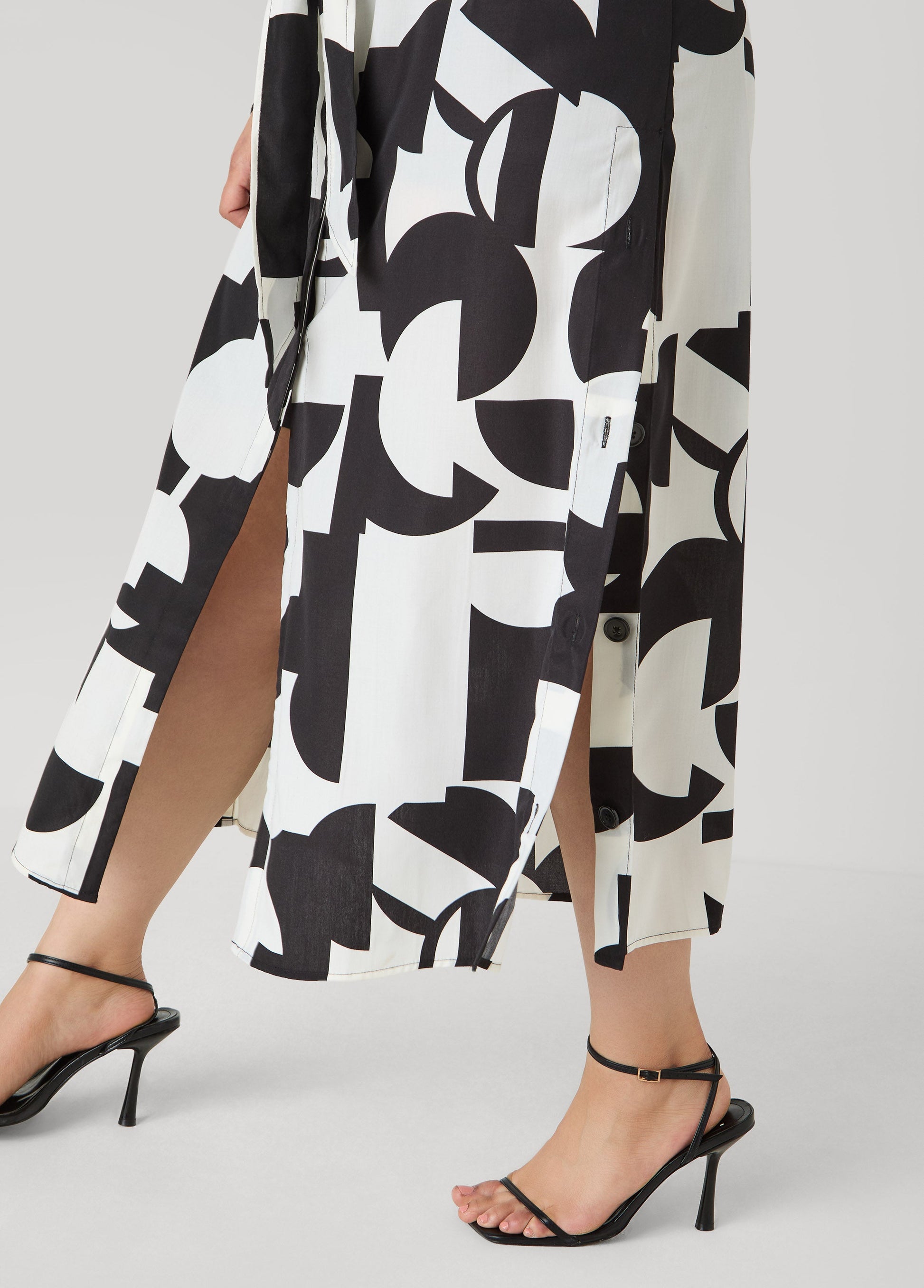 Ashley Stewart Button Detail Geo Maxi Shirtdress Black White