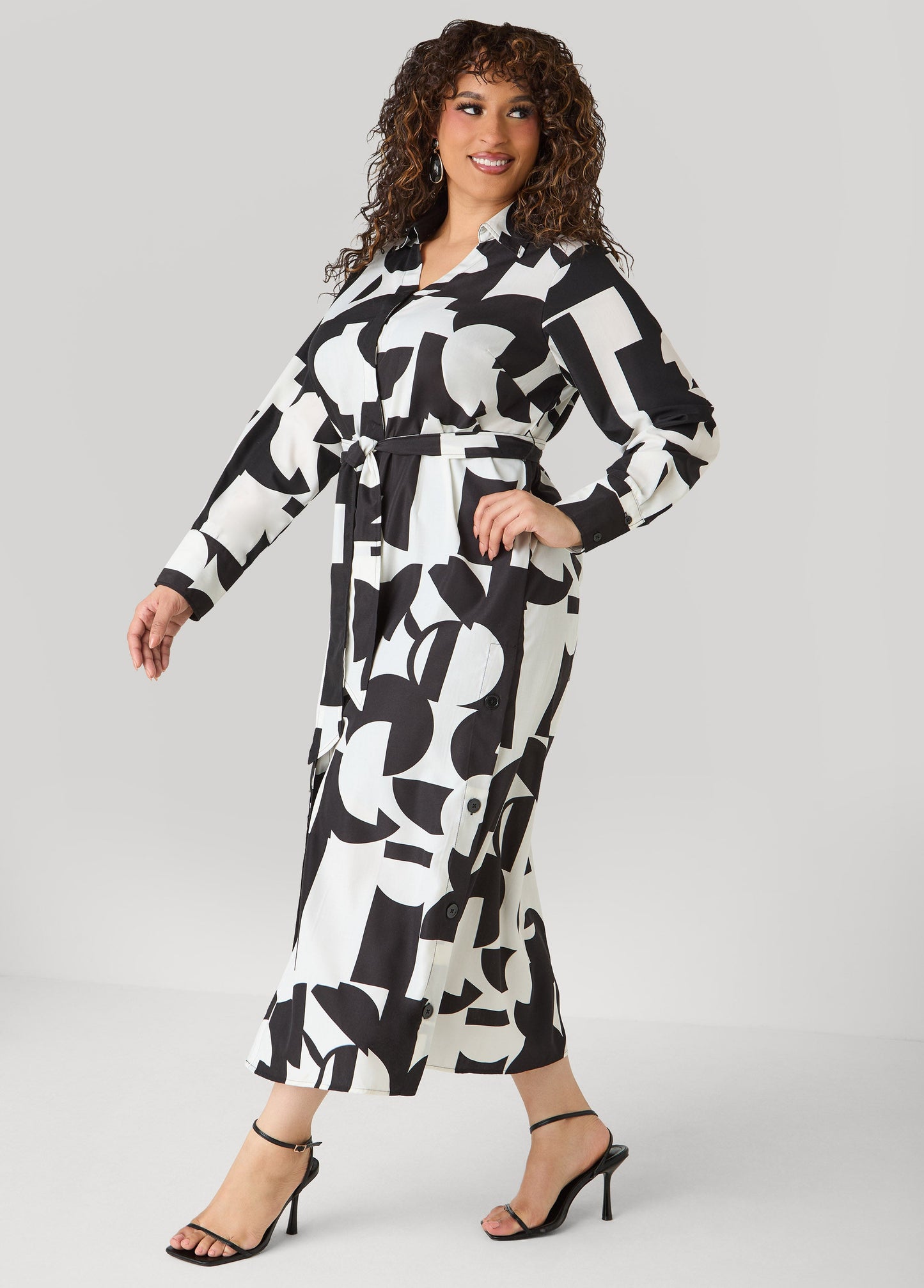 Ashley Stewart Button Detail Geo Maxi Shirtdress Black White
