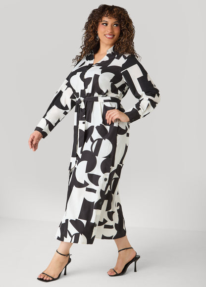 Ashley Stewart Button Detail Geo Maxi Shirtdress Black White