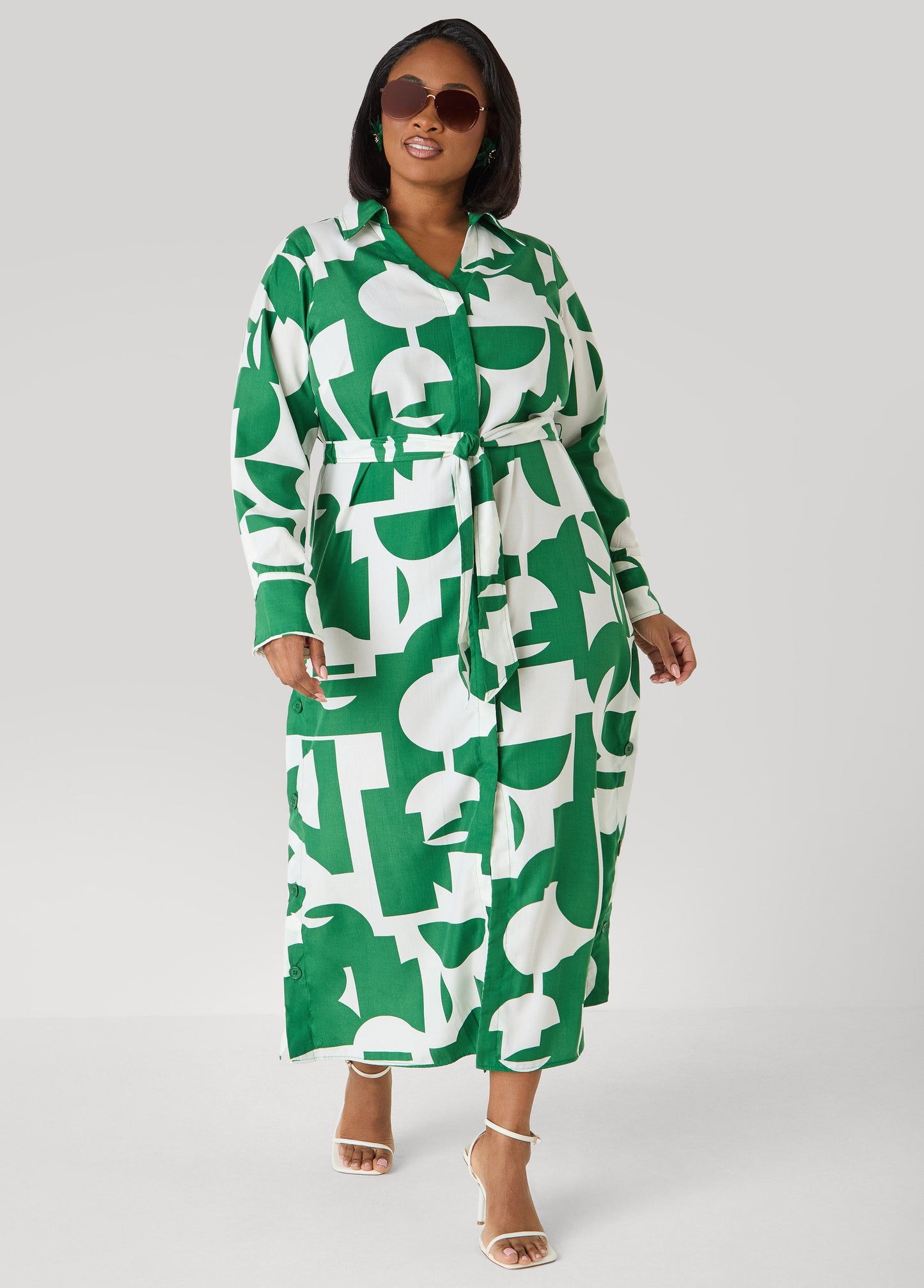 Ashley Stewart Button Detail Geo Maxi Shirtdress Black White
