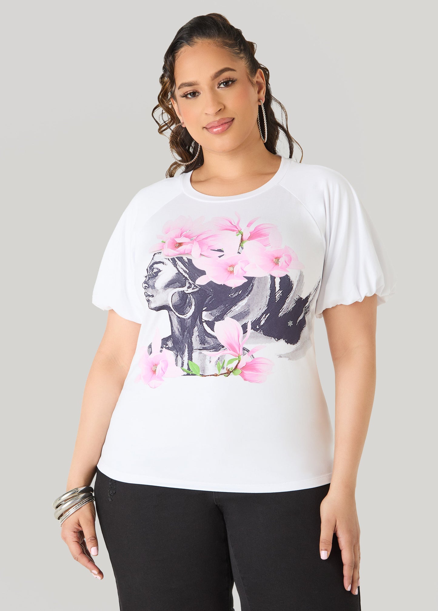 Ashley Stewart Flower Queen Puff Sleeved Tee White