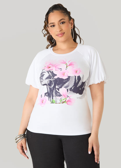 Ashley Stewart Flower Queen Puff Sleeved Tee White