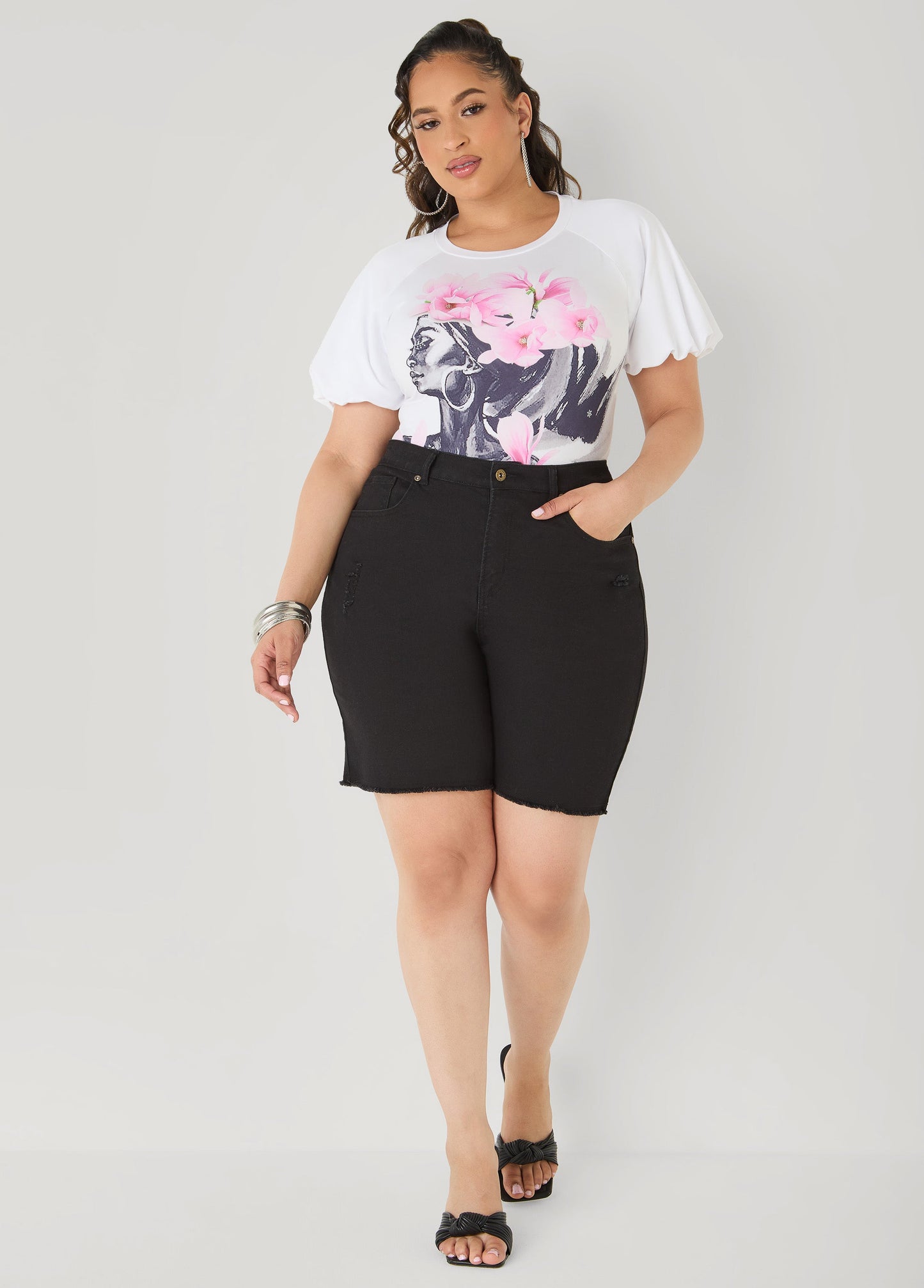 Ashley Stewart Flower Queen Puff Sleeved Tee White