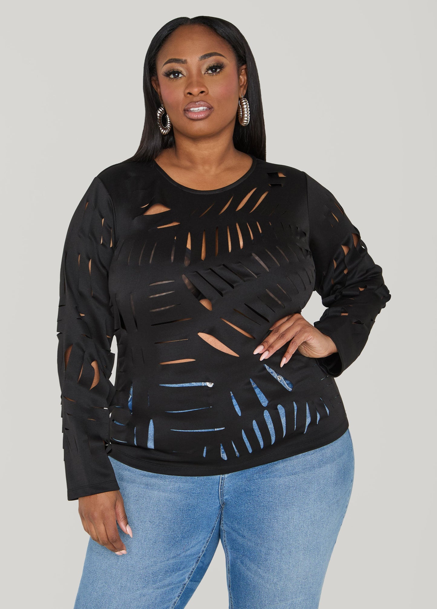 Ashley Stewart Laser Cut Scuba Top Black