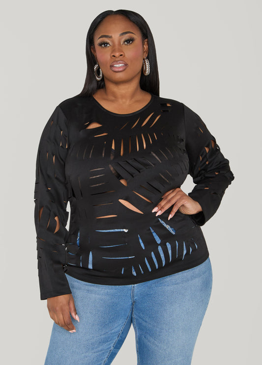 Ashley Stewart Laser Cut Scuba Top Black