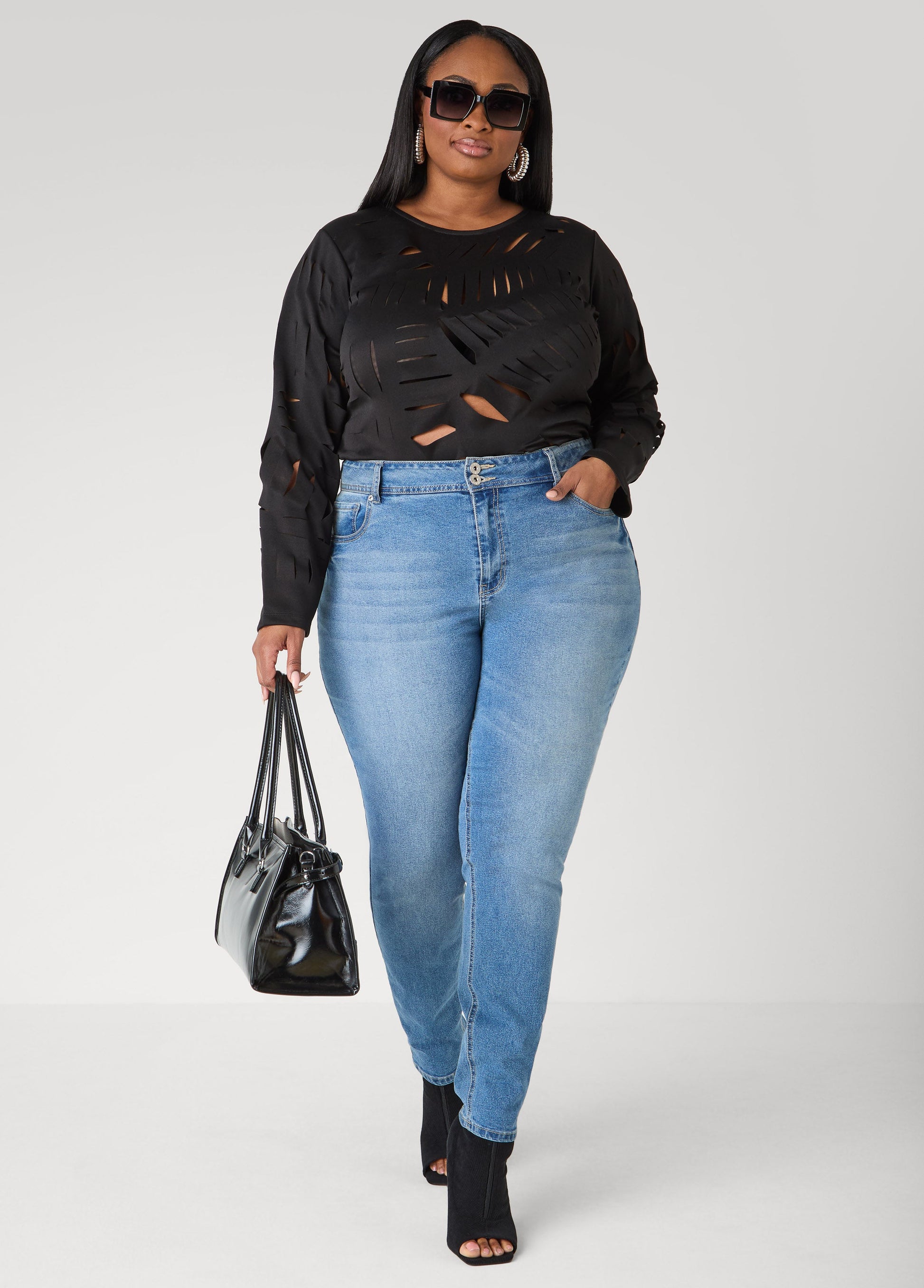 Ashley Stewart Laser Cut Scuba Top Black
