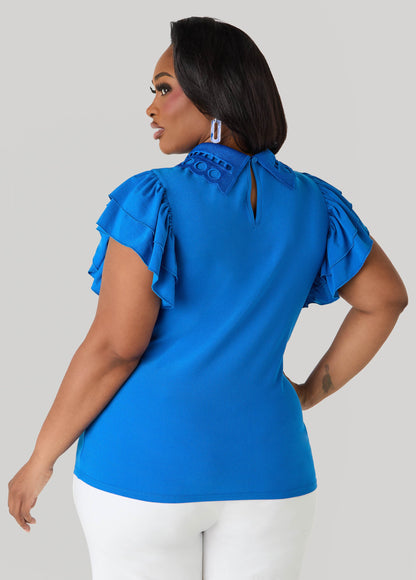 Ashley Stewart Eyelet Paneled Stretch Knit Top Victoria Blue