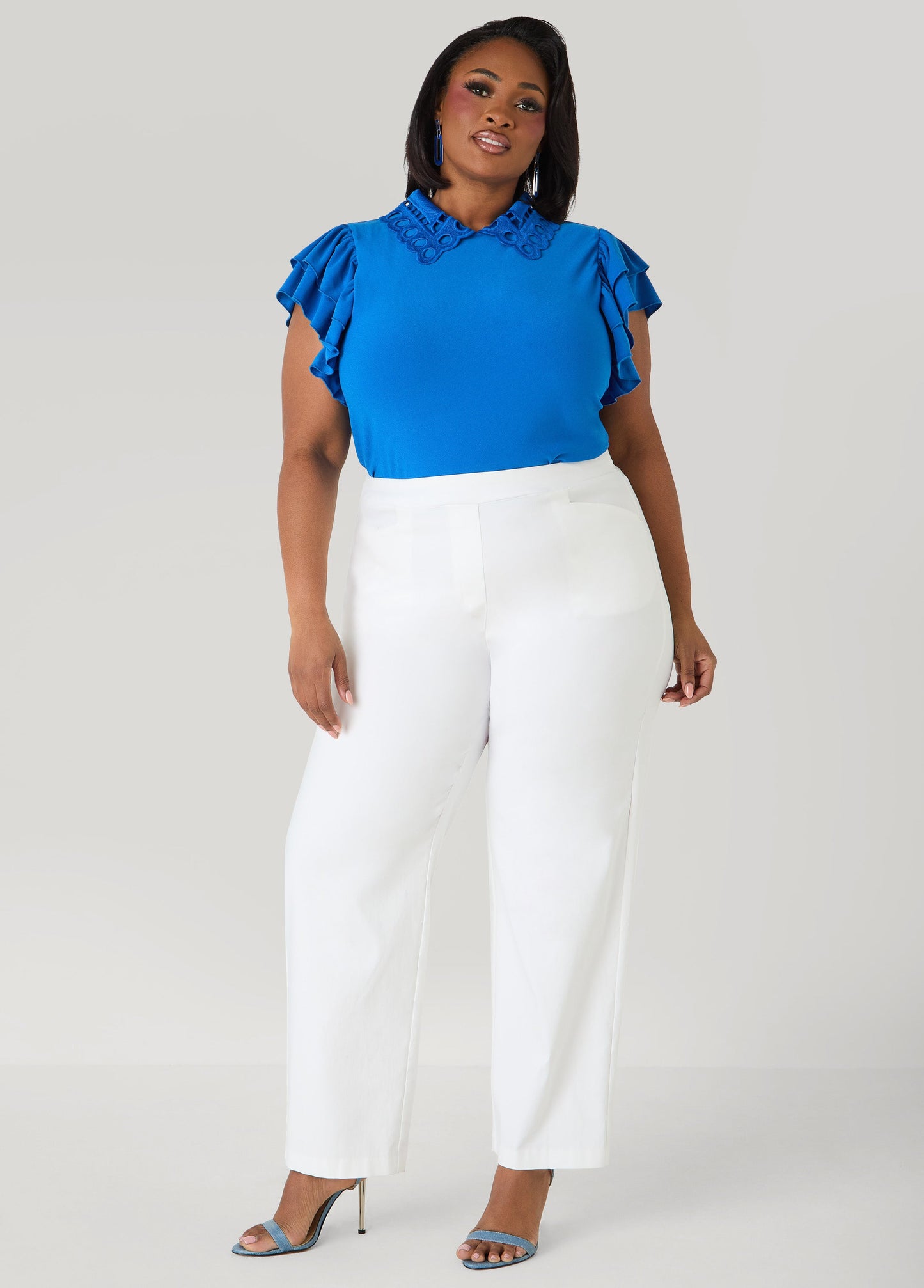 Ashley Stewart Eyelet Paneled Stretch Knit Top Victoria Blue