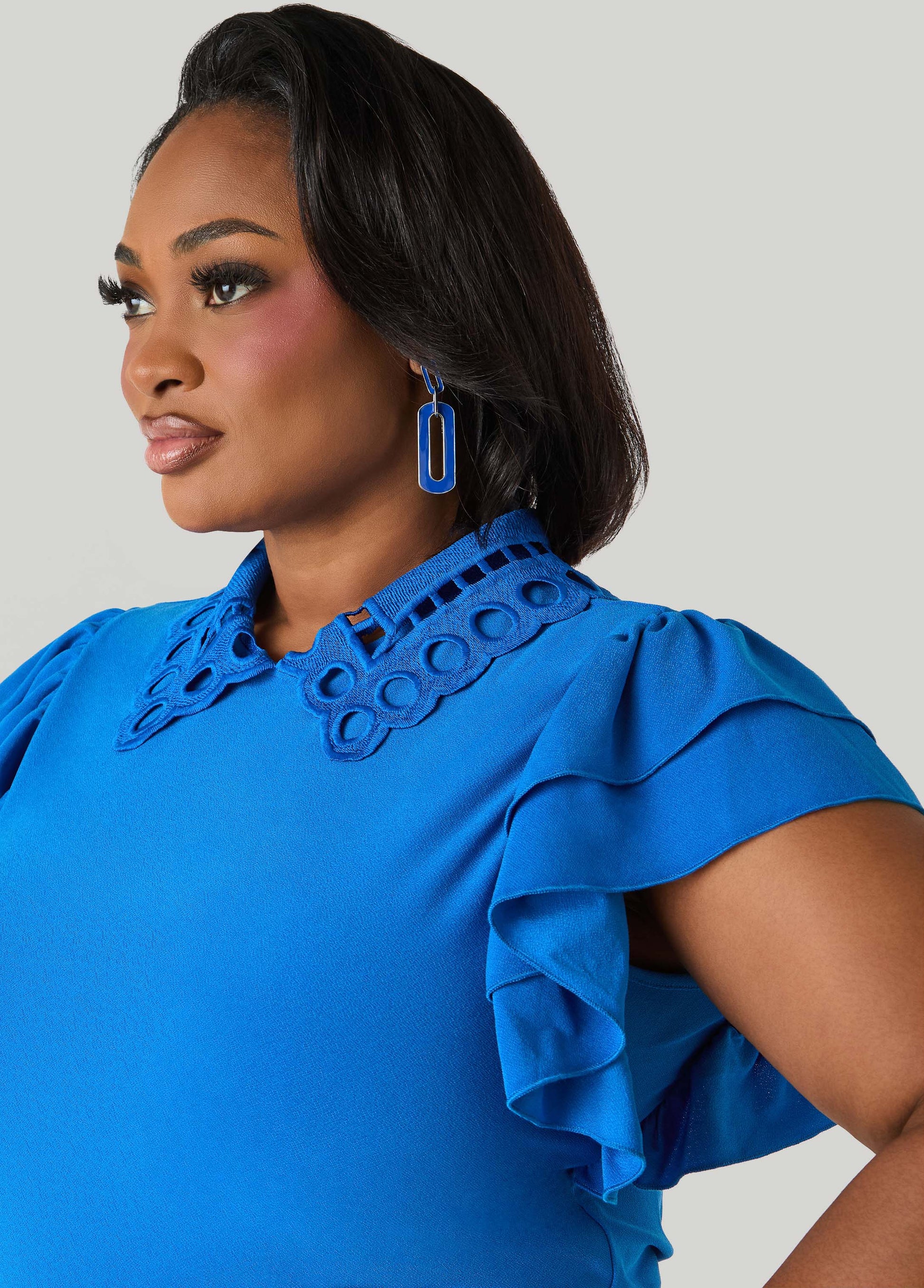 Ashley Stewart Eyelet Paneled Stretch Knit Top Victoria Blue