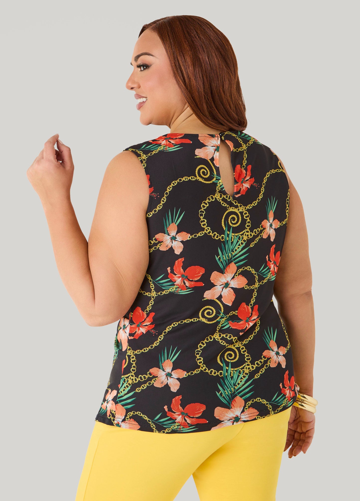 Ashley Stewart Status Print Mesh Top Black Combo