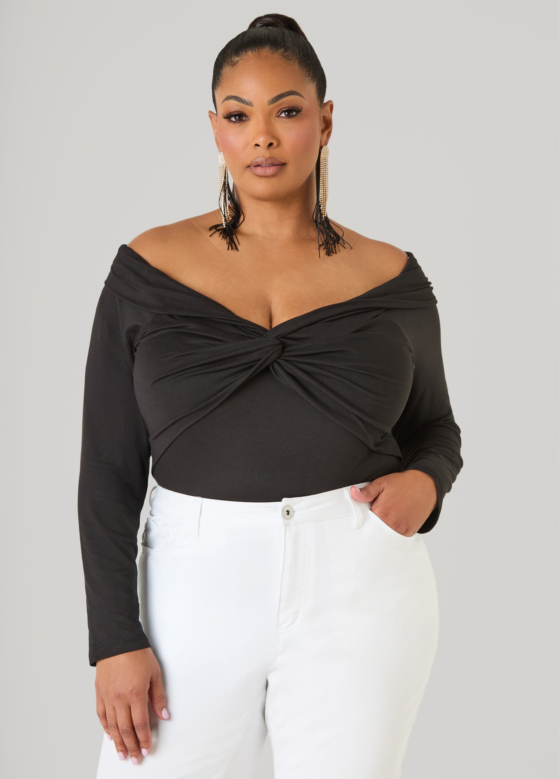 Ashley Stewart Knotted Long Sleeved Bodysuit Black