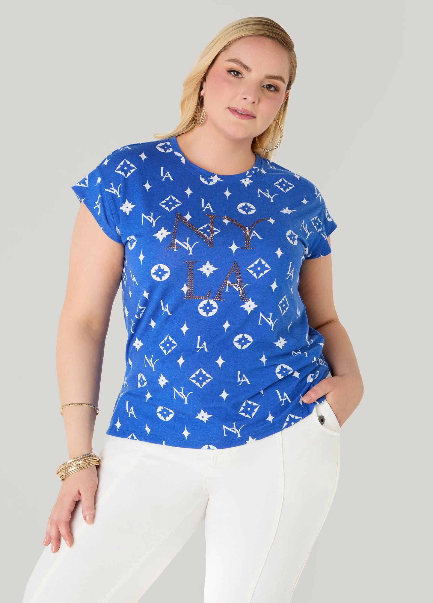 Ashley Stewart NY To LA Printed Tee Victoria Blue