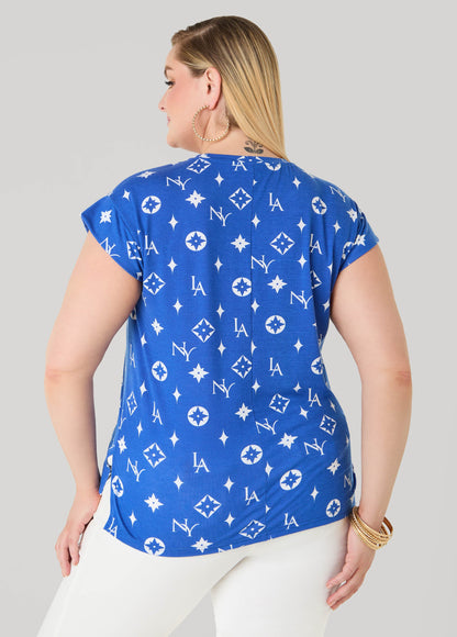 Ashley Stewart NY To LA Printed Tee Victoria Blue