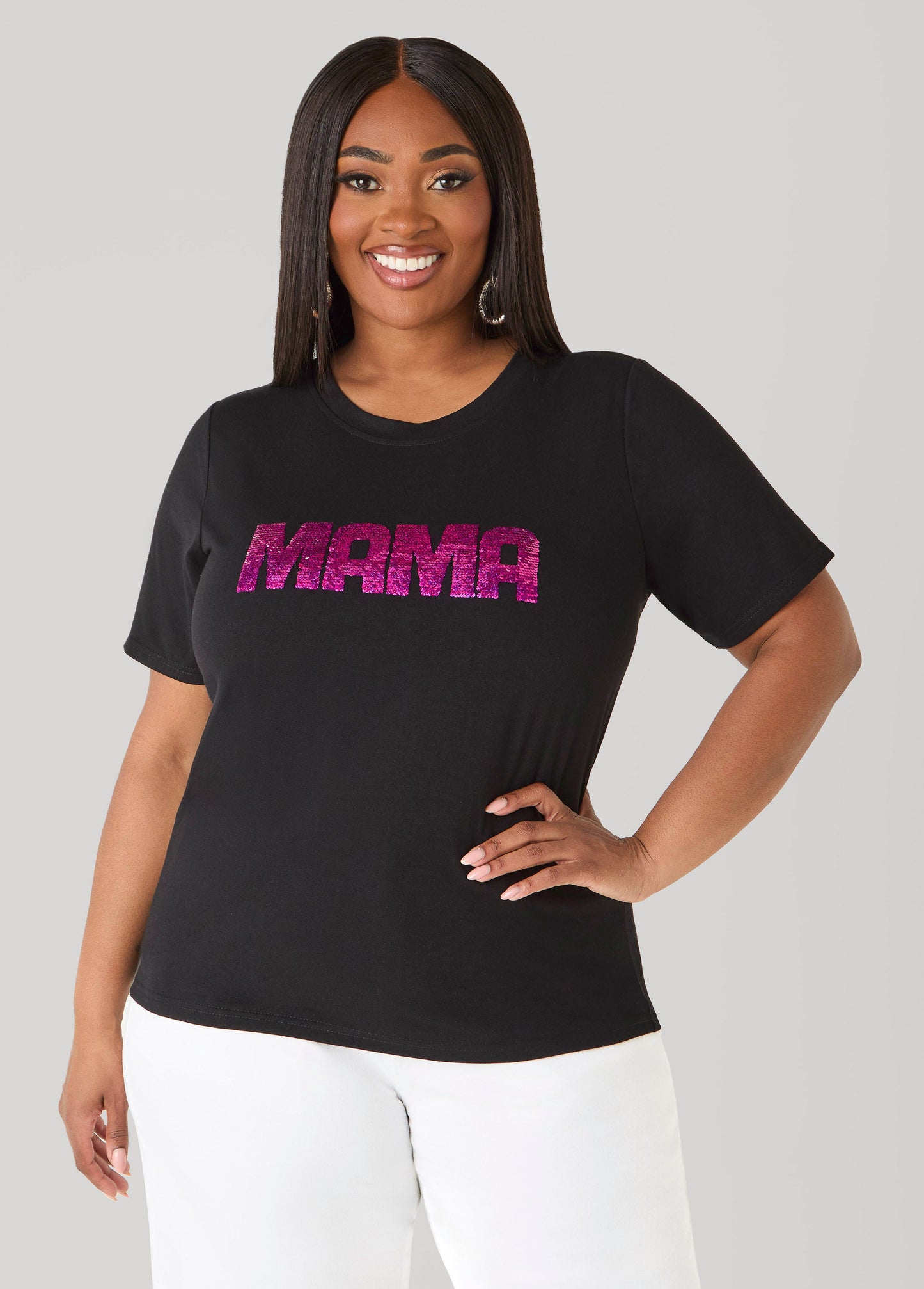 Ashley Stewart Mama Sequined Tee Black