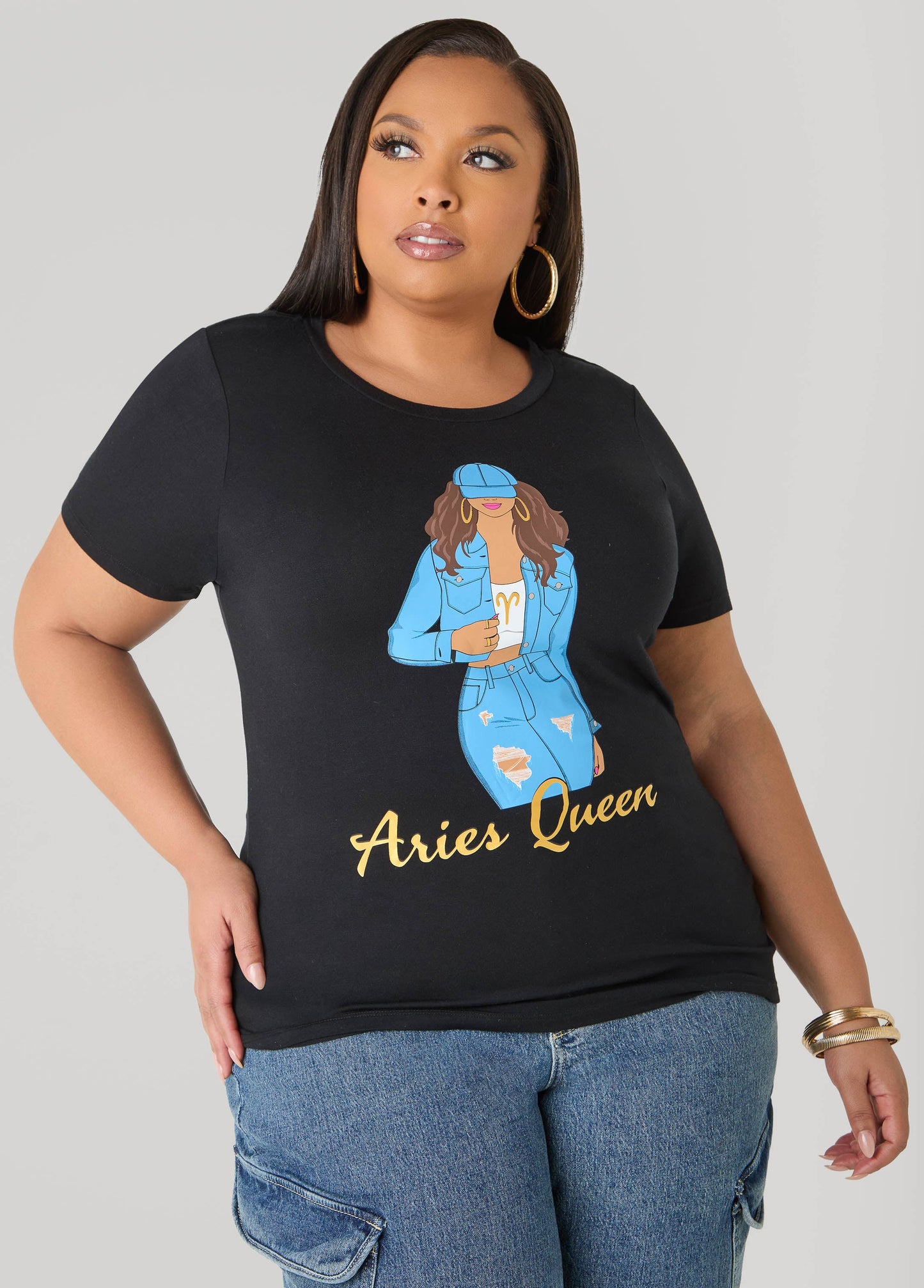 Ashley Stewart Metallic Aries Queen Graphic Tee Black