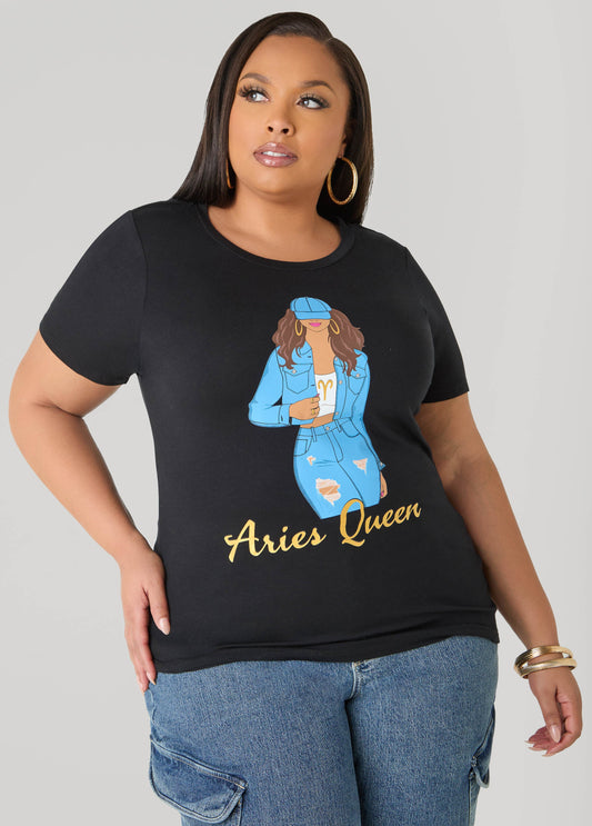 Ashley Stewart Metallic Aries Queen Graphic Tee Black