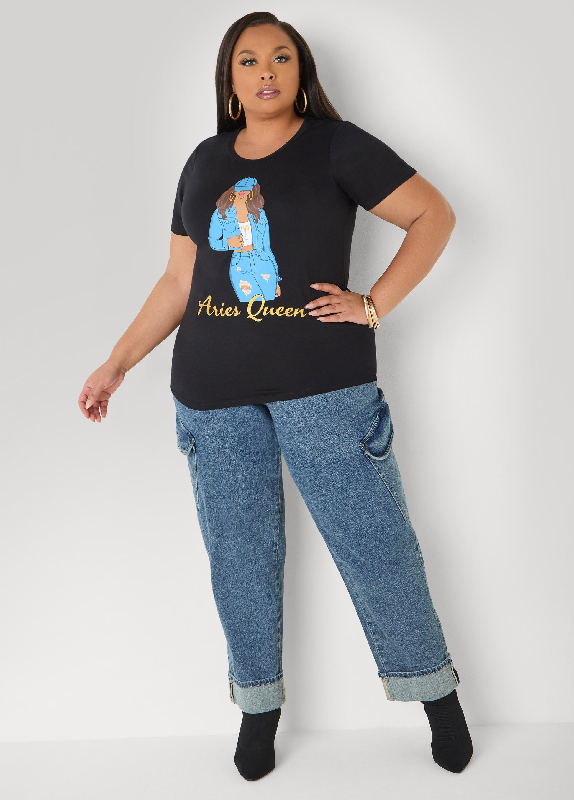 Ashley Stewart Metallic Aries Queen Graphic Tee Black