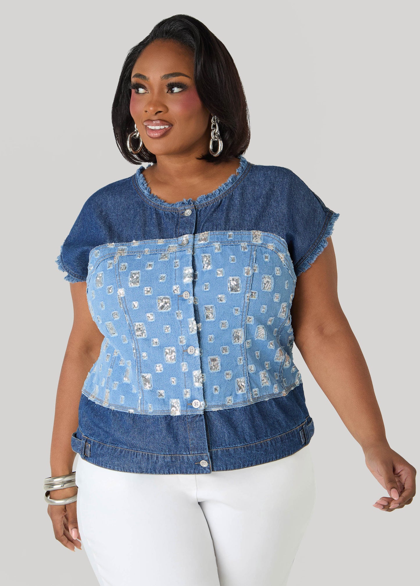 Ashley Stewart Distressed Embellished Denim Shirt Denim