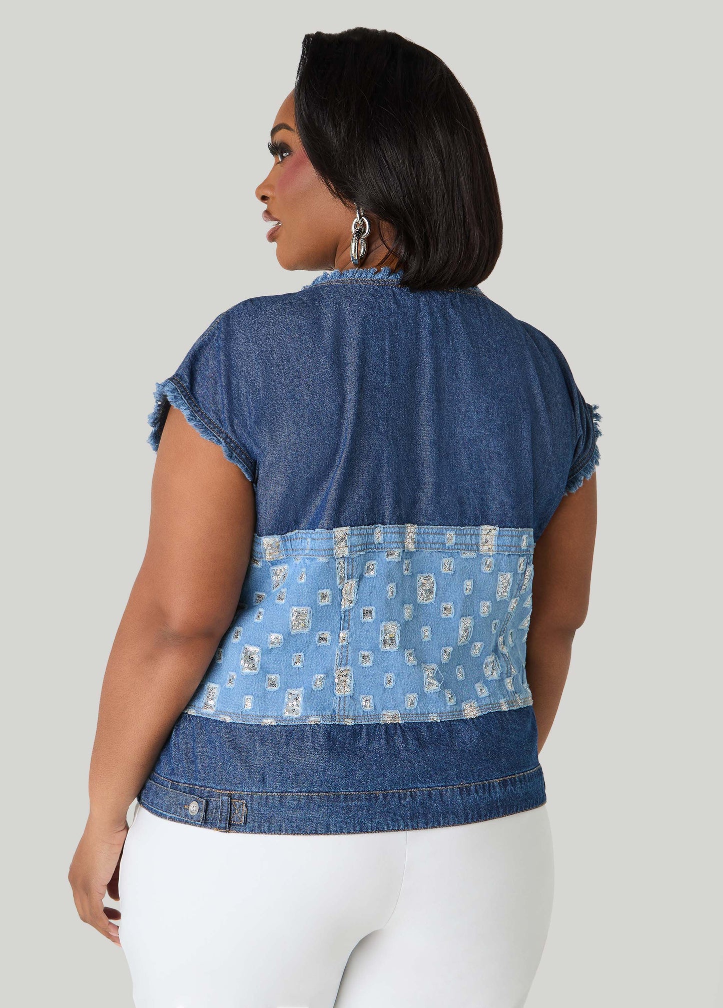 Ashley Stewart Distressed Embellished Denim Shirt Denim