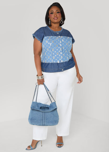 Ashley Stewart Distressed Embellished Denim Shirt Denim
