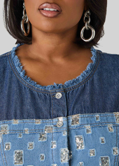 Ashley Stewart Distressed Embellished Denim Shirt Denim
