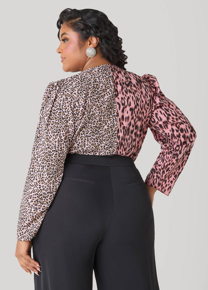Ashley Stewart Paneled Leopard Print Bodysuit Multi