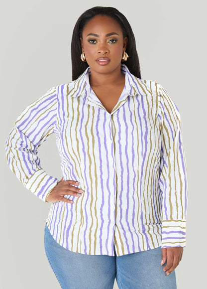 Ashley Stewart Striped Collared Shirt Egret